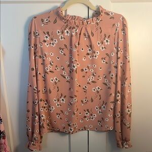 Ruffled Pink Blouse with Bishop Sleeves and Bib Collar